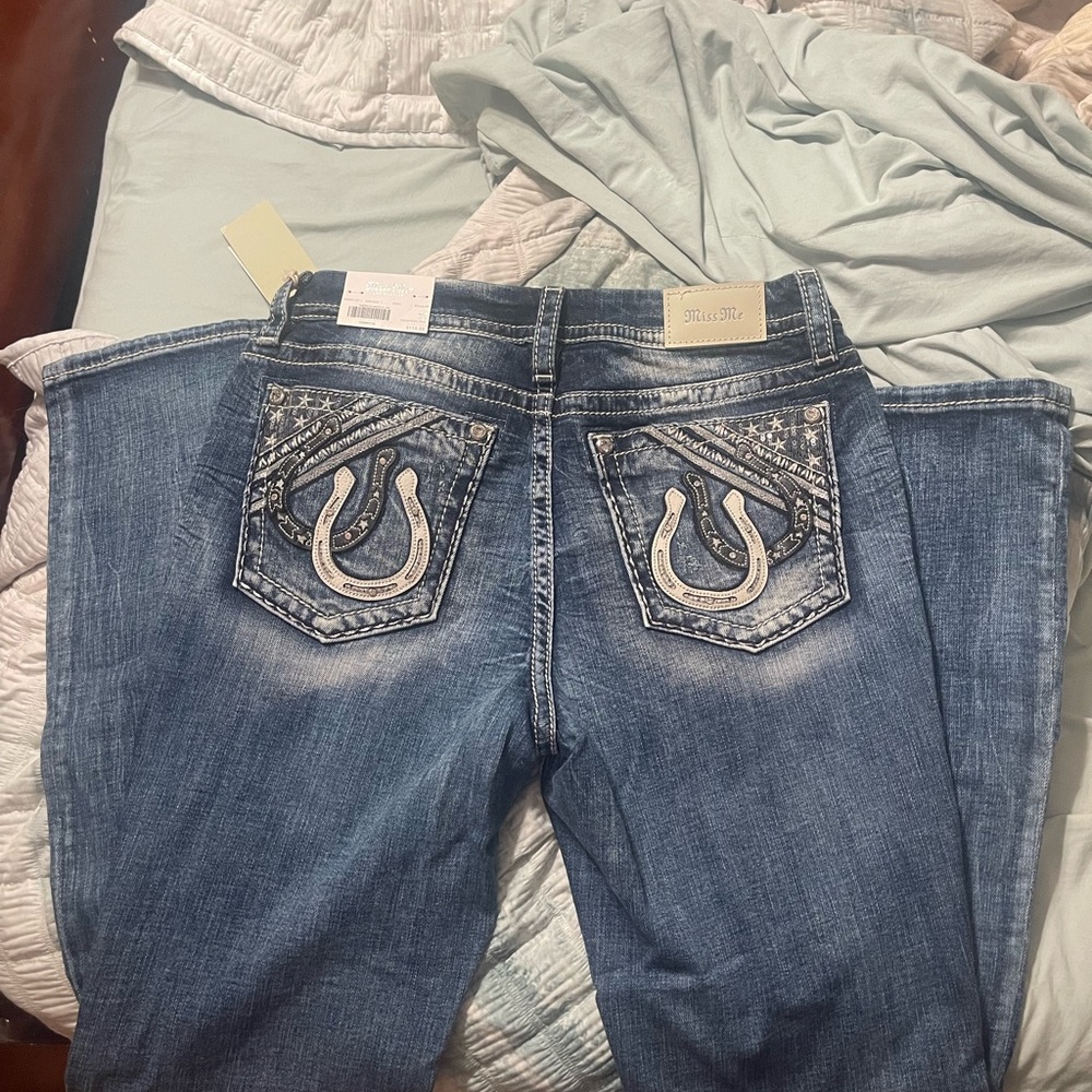 Miss Me Blue Boot Cut Jeans with Horseshoe Embroidery